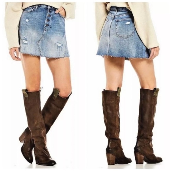 Free People We The Free Button Fly Distressed Denim Skirt - Picture 1 of 11